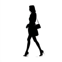 A silhouette of a woman walking in heels against a white background.