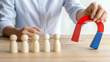 Influence and Attraction Concept – Magnet and Wooden Figurines on Table, Leadership, Marketing, Strategy, Abstract, Yellow Background