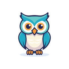 Cartoon illustration of a cute blue owl with orange eyes and a white chest.
