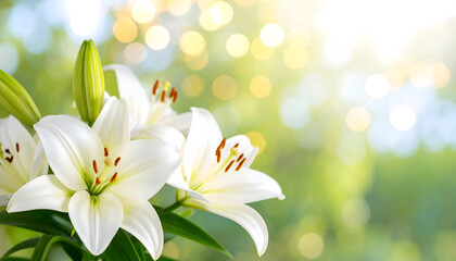 Close Up Of White Lilies Blooming Against A Soft Focus Green And Gold Bokeh Background