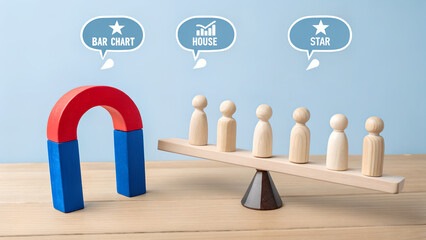 Balance and Comparison Concept – Wooden Pegs, Magnet, and Data Icons on Scale, Strategy, Communication, Abstract, Light Blue Background