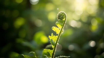 New fern frond unfurling under warm sunlight in a lush green forest - Powered by Adobe