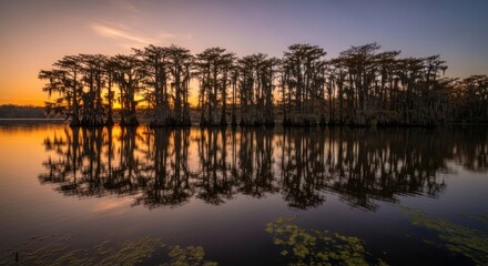 Fototapeta premium Golden Sunset Silhouettes a Line of Cypress Trees with Perfect Mirror Reflections on a Calm Swamp Lake.