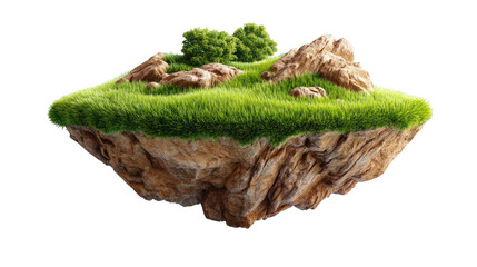 Floating Island: A miniature, surreal landscape, complete with vibrant green grass, rugged rock formations, and lush greenery, gracefully suspended in a gravity-defying moment.