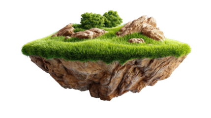 Floating Island: A miniature, surreal landscape, complete with vibrant green grass, rugged rock formations, and lush greenery, gracefully suspended in a gravity-defying moment.