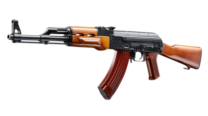 AK-47 Rifle: A meticulously captured image of an AK-47 rifle, showcasing the weapon's distinctive design, powerful presence, and historical significance.
