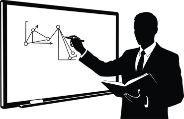 Professional presenter explaining a complex business strategy on whiteboard