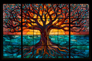 Stained glass artwork of a tree of life with sprawling branches and deep roots, symbolizing mental balance, inner strength, growth, wellness, stained glass