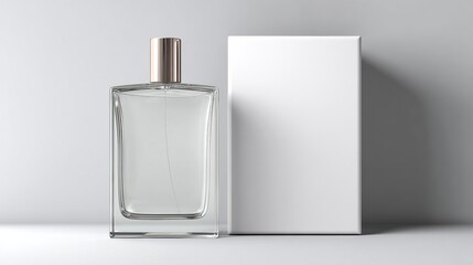 Perfume bottle and blank packaging box mockup on light gray background, minimal studio with wide copyspace