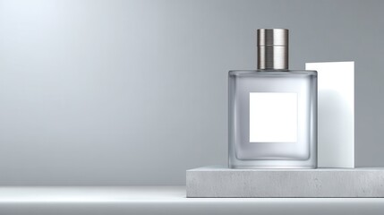 Frosted glass perfume bottle on stone podium with blank card, light gray seamless studio background and copyspace