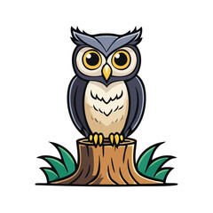Cartoon illustration of an owl perched on a tree stump with detailed features.
