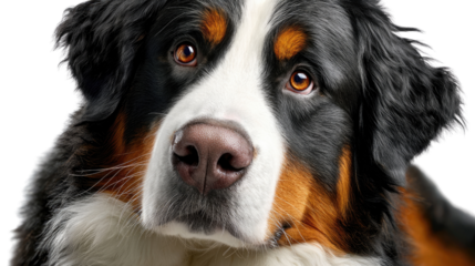Bernese Mountain Dog Portrait: A close-up of a majestic Bernese Mountain Dog, showcasing its striking tricolor coat and soulful eyes, exuding warmth and loyalty.