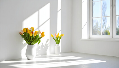 Colorful Tulips in White Vases Beside Window Casting Shadows on White Interior Wall Bright Daylight Illuminates the Room