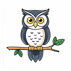 A detailed cartoon illustration of a cute owl perched on a tree branch with green leaves.
