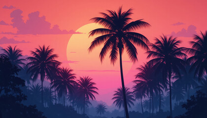Vibrant tropical sunset silhouette with lush palm trees creating a dreamy, serene atmosphere perfect for vacation or travel themes