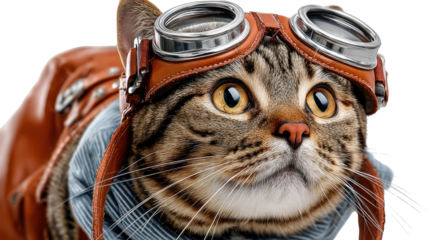 Cat Aviator: A curious feline with striking eyes sports a vintage aviator hat and goggles, donning a leather jacket. Embodying the spirit of adventure and ready for a high-flying journey.