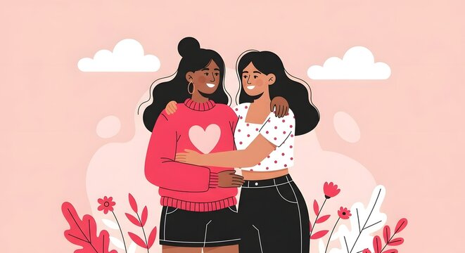 National Sisters Day Two young women embracing with affection, surrounded by flowers and clouds