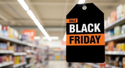 Black friday sign in a store window decorated with christmas ornaments