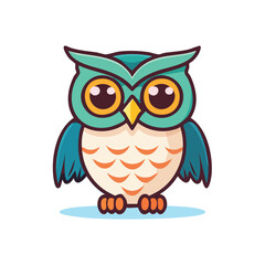 Fototapeta premium Cartoon owl illustration with big eyes, blue wings, and orange feet, sitting upright.