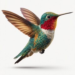 Fototapeta premium A vibrant hummingbird with colorful feathers and a long beak is captured mid-flight against a plain background.