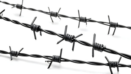 Three Parallel Strands Of Barbed Wire Against A White Background Illustrating Security And Danger