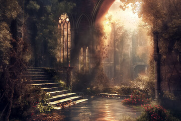 Naklejka premium Sunlit Gothic Ruins Overgrown with Nature, Enchanted Forgotten Temple with Glowing Atmosphere