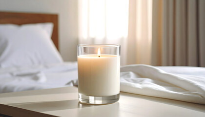 Lit Candle In A Glass On A Table Beside Bed With Linen In Morning Light
