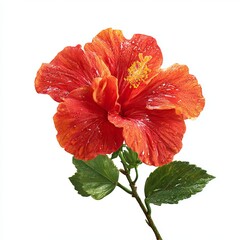 Fototapeta premium Vibrant red-orange hibiscus flower with lush green leaves isolated on a white background.