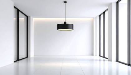 Minimalist Modern Interior Perspective Of An Empty White Room With Large Windows And Black Pendant Lamp