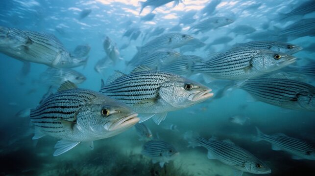 Fishing Striped Bass. Curious Bass Swimming in a Crowded Underwater School