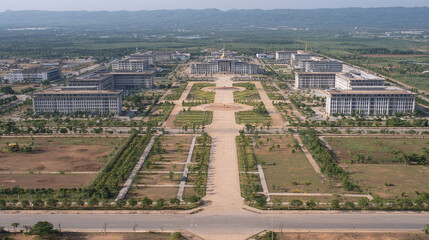 Explore the Expanse of Modern Architecture: A Panoramic View of Impressive Buildings and Landscapes in a Vast Urban Development Area Surrounded by Nature
