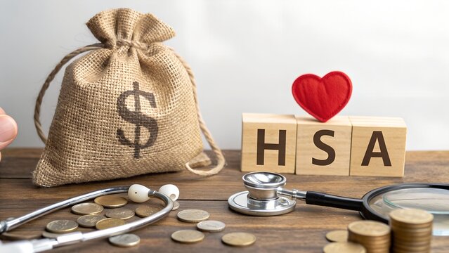 Health Savings Account (HSA) and Medical Finance Concept – Burlap Sack with Dollar Sign, Stethoscope, Coins, and Wooden Blocks Spelling “HSA” with Red Heart, Healthcare Budgeting, Tax-Advantaged Savin
