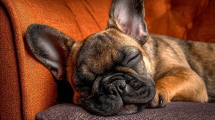Obraz premium French Bulldog Sleeping. A Young Purebred Pet Sleeping on Armchair in Living Room