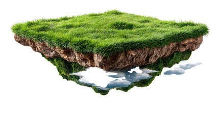Floating Island in the Sky: An isolated piece of land, flourishing with vibrant green grass and surrounded by puffy clouds. The ground itself appears to be floating.
