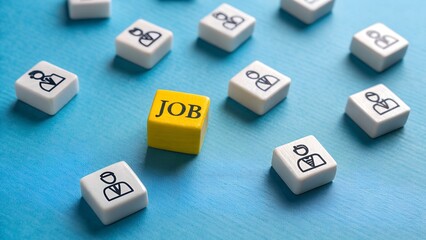 Job Search and Recruitment Concept – Yellow Keyboard Key with “JOB” Text Among White Keys with Person Icons on Blue Background, Employment Opportunity, Candidate Selection, Career Navigation, Hiring S