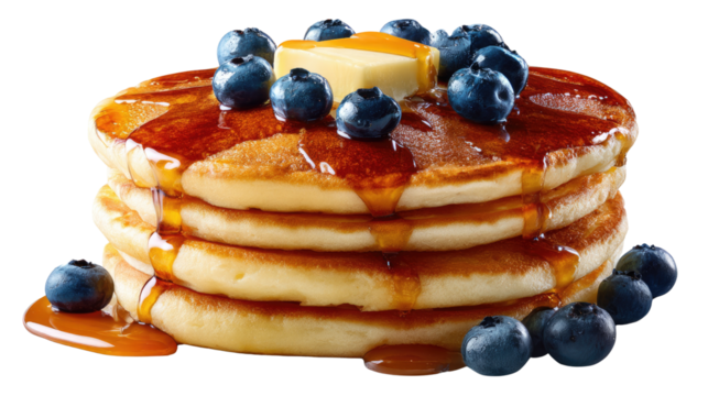 Stack of Pancakes: A delightful stack of fluffy pancakes drizzled with golden syrup, crowned with fresh blueberries and a pat of butter. Capturing the comforting essence of a hearty breakfast.