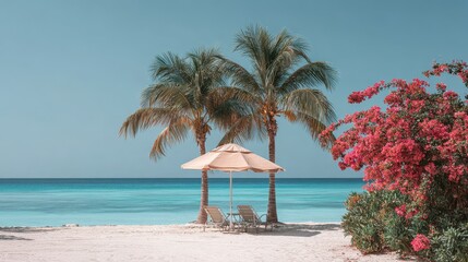 Grand Cayman Island's Beach: Small Palm Trees, Flowers, and Closed Parasol on the Uninhabited Seven Mile Beach