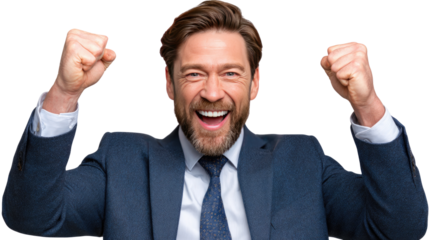Elated Business Man Celebrating: A cheerful man, dressed in a smart business suit, joyfully raises his fists in a gesture of triumph, celebrating success.