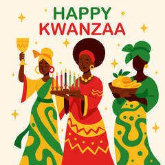 Cartoon graphic of kwanzaa festival celebration, black woman smiling, red shirt and lighting candles, green, black, red, image conveys warmth and happiness.