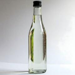 Fototapeta premium Clear liquid bottle with black cap against white backdrop.