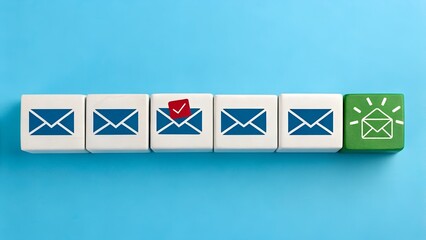 Email Status and Communication Workflow Concept – Envelope Icons on Blocks with Red Checkmark and Green Notification Symbol, Message Prioritization, Digital Correspondence, Inbox Management, Informati