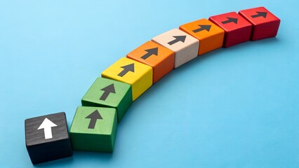 Risk Escalation and Alert Gradient Concept – Curved Line of Colored Blocks with Upward Arrows from Black to Red on Blue Background, Threat Progression, Warning Levels, Strategic Risk Path, Crisis Deve