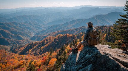 Fototapeta premium Hiking In Tennessee. Man Relaxing on Autumn Adventure Trip in the Great Smoky Mountains