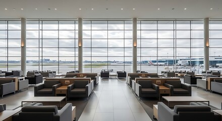 Modern airport lounge offers comfortable seating with expansive runway views and arriving aircraft.