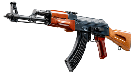 AK-47 Assault Rifle: A detailed and impactful studio shot of an AK-47, showcasing its robust design and tactical readiness, a symbol of power and history.