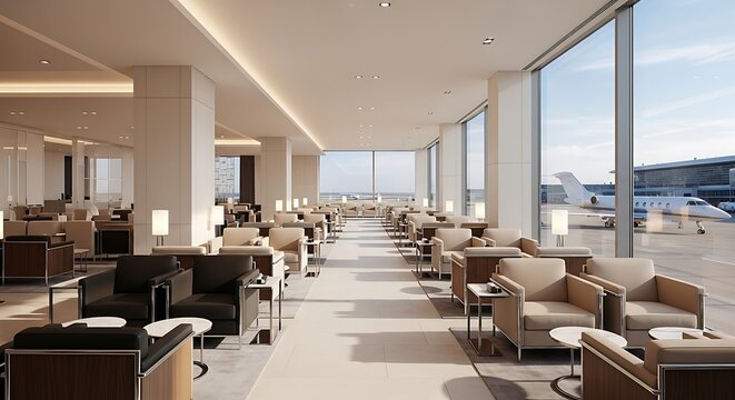 Elegant airport lounge with private jet view offers luxurious comfort and sophisticated travel experience.
