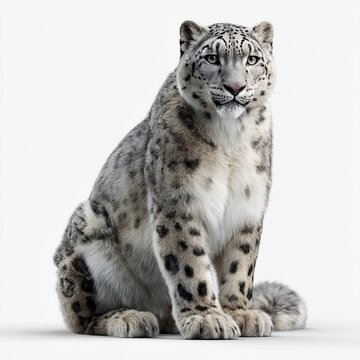 A snow leopard sits against a white background.
