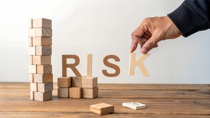 Risk Management Concept – Hand Placing Letter K to Complete Word RISK in Front of Wooden Block Tower and Scattered Pieces, Business Decision-Making, Structural Fragility, Strategic Challenge, Investme