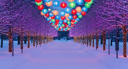 Enchanting winter wonderland pathway lined with glowing trees and vibrant lanterns creates magical festive atmosphere