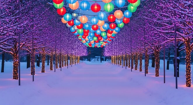 Enchanting winter wonderland pathway lined with glowing trees and vibrant lanterns creates magical festive atmosphere